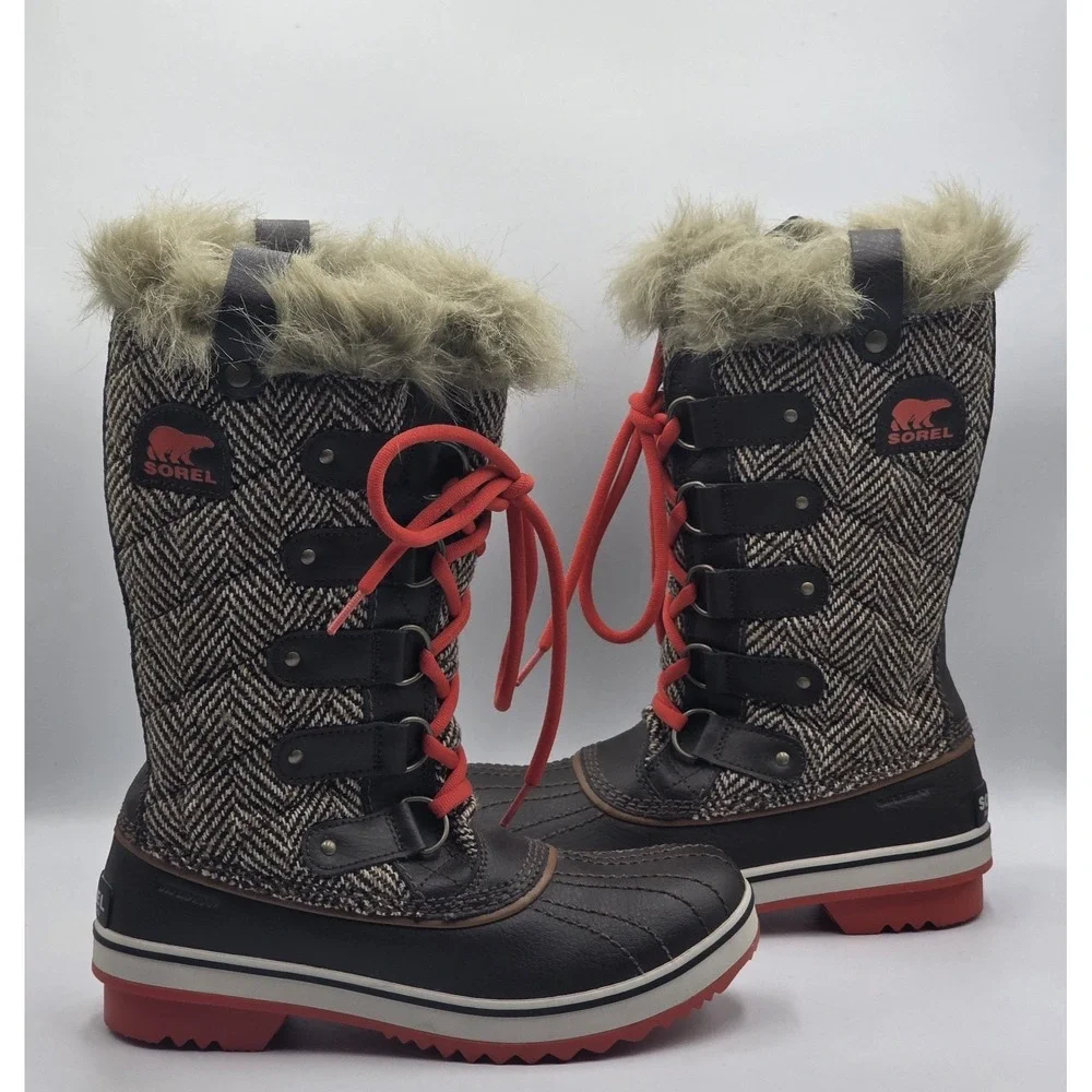 Sorel Tofino II Brown Orange Quilted Snow Boots Womens 7 Waterproof Faux Fur